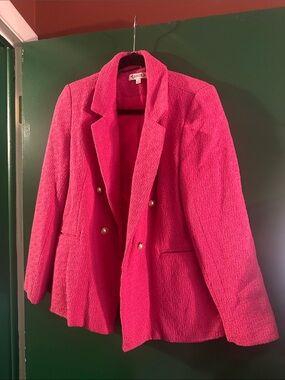 Nanette Lepore Hot Pink Double-Breasted Textured Blazer with Gold Buttons